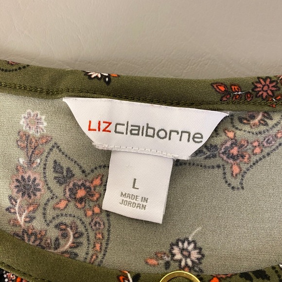 Liz Claiborne Paisley Print Blouse Top Olive Green Large Keyhole‎ 3/4 Sleeve - Picture 3 of 10